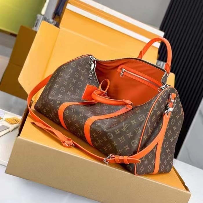 Louis Vuitton LV Unisex Keepall Bandoulière 50 Orange Monogram Macassar Coated Canvas