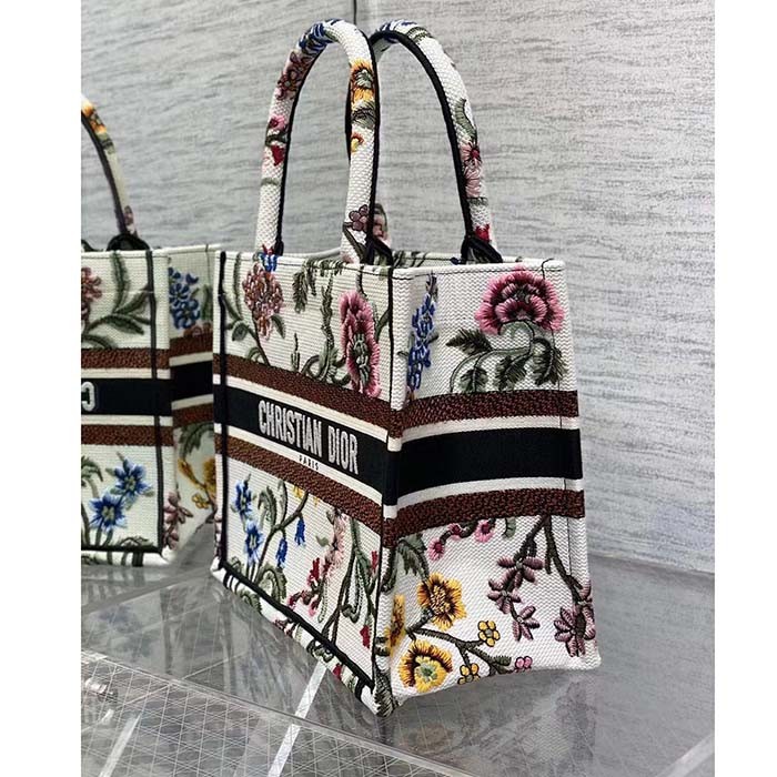 Dior Women CD Medium Book Tote White Multicolor Dior Petites Fleurs Embroidery