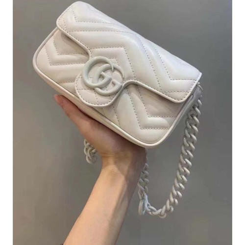 Gucci Women GG Marmont Belt Bag White Chevron Matelassé Leather Double G