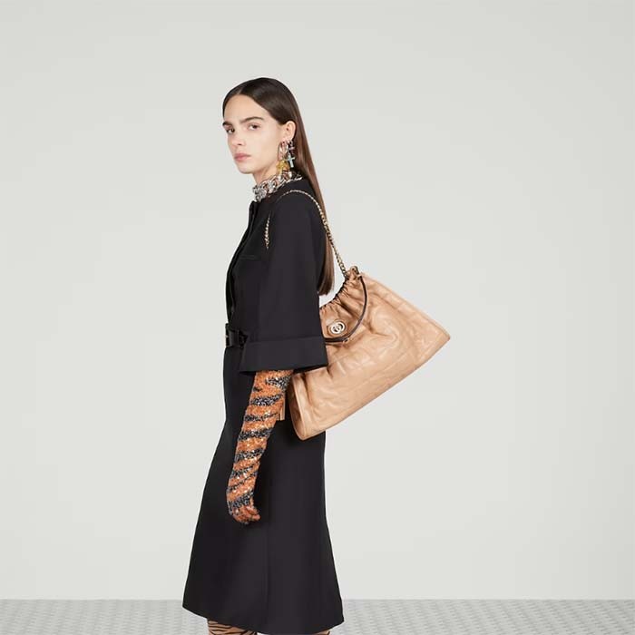 Gucci Unisex GG Deco Medium Tote Bag Rose Beige Quilted Leather Two-Toned Vintage Interlocking G