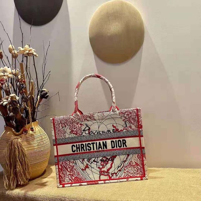 Dior Women Small Dior Book Tote Bag Red White D-Royaume D'Amour Embroidery
