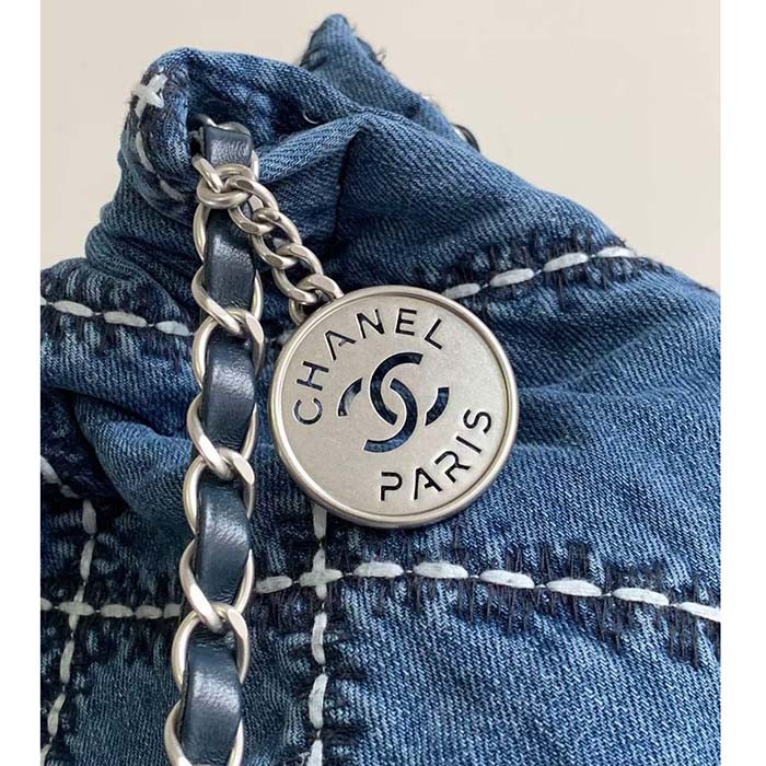 Chanel Women CC 22 Small Handbag Stitched Denim Silver Metal Blue