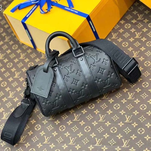 Louis Vuitton LV Unisex Keepall Bandoulière 25 Black Taurillon Monogram Embossed Cowhide Leather M20900