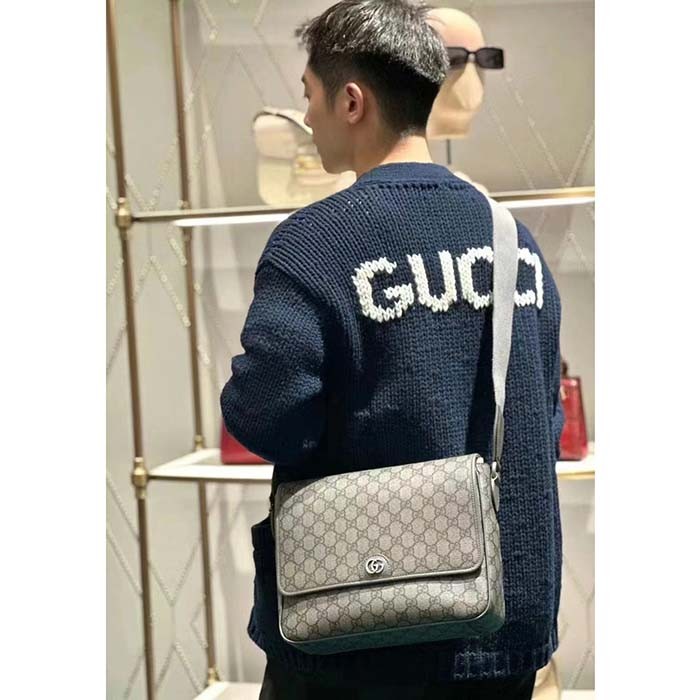 Gucci Unisex GG Ophidia Medium Messenger Bag Grey Black Supreme Tender Canvas Double G