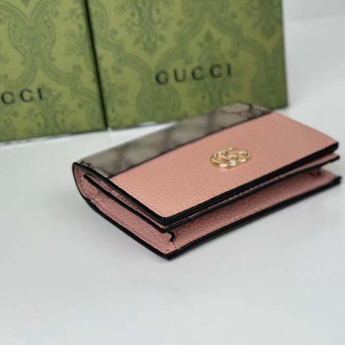 Gucci Unisex GG Marmont Card Case Wallet Double G Beige Ebony GG Supreme Canvas Pink Leather Style ‎658610 17WAG 5788