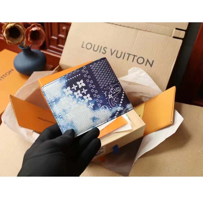 Louis Vuitton LV Unisex Slender Wallet Blue Cowhide Leather Textile Lining