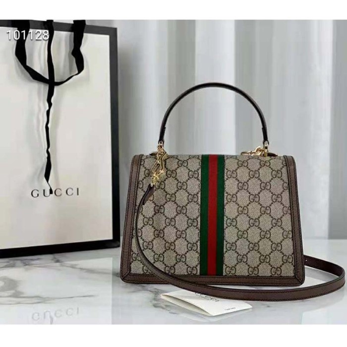 Gucci Women Ophidia Small Top Handle Bag with Web Beige GG Supreme Canvas