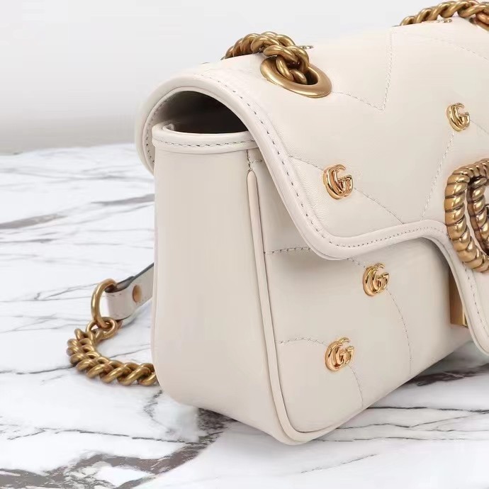 Gucci Women GG Marmont Mini Bag Ivory Matelassé Chevron Leather Double G