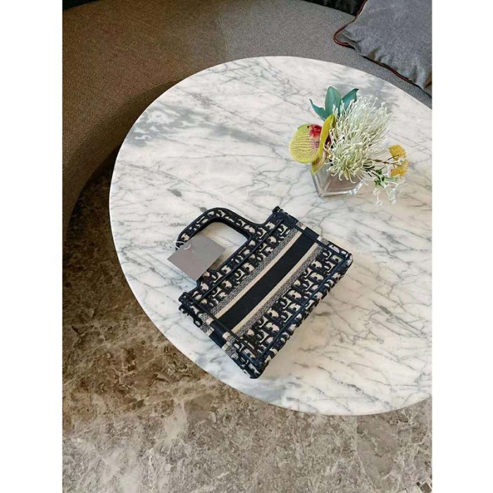 Dior Women Mini Dior Book Tote Blue Dior Oblique Embroidery