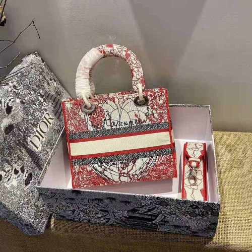 Dior Women Medium Lady D-lite Bag Red and White D-Royaume D Amour Embroidery