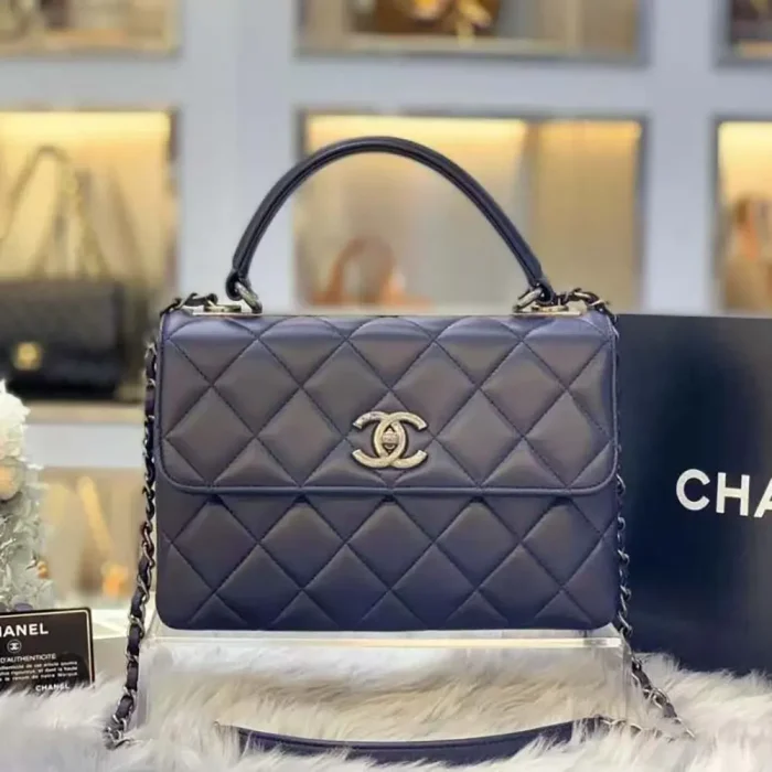 Chanel Women Mini Flap Bag with Top Handle Lambskin-Navy