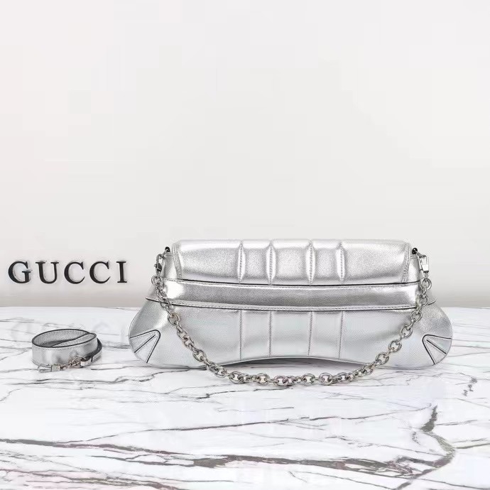 Gucci Women Horsebit Chain Medium Shoulder Bag Silver Metallic Quilted Leather Maxi Horsebit