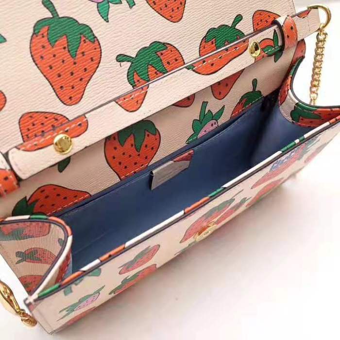 Gucci GG Women Gucci Zumi Strawberry Print Mini Bag in Gucci Strawberry Print Ivory Leather