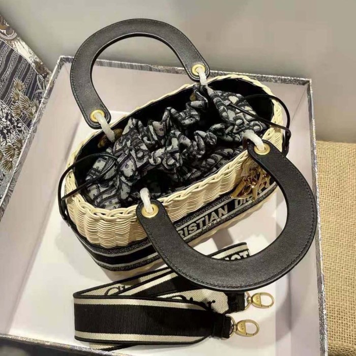 Dior Women Medium Lady Dior Bag Natural Wicker and Blue Dior Oblique Jacquard