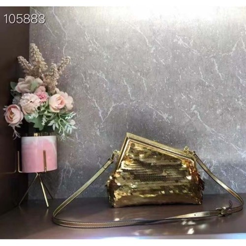 Fendi Women FF First Small Gold Colored Leather Sequinned Bag