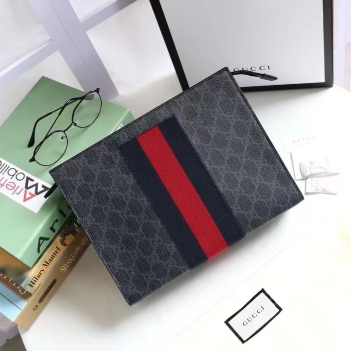 Gucci Unisex GG Black Pouch Black Grey GG Supreme Canvas Blue Red Web
