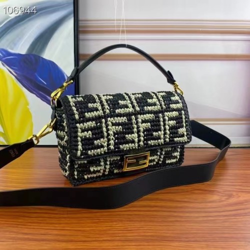 Fendi Women FF Baguette Black Raffia Back Crocheted FF