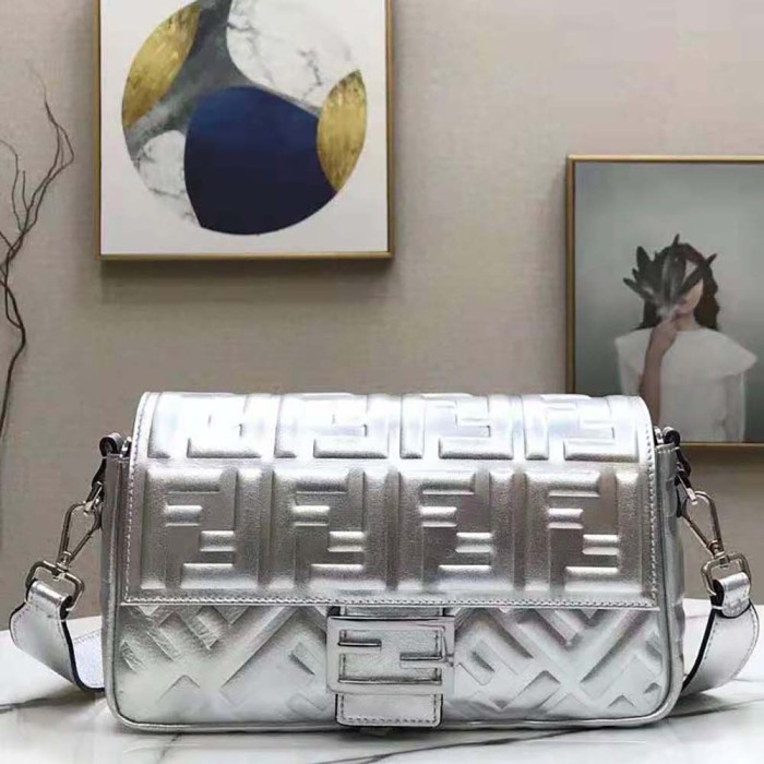 Fendi Women Baguette Fendi Prints On Leather Bag-Silver