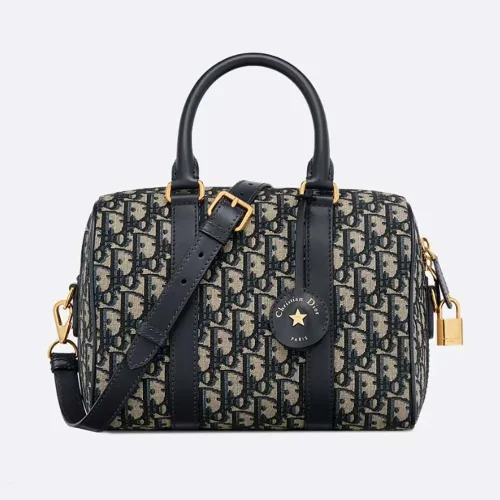 Dior Unisex Dior Groove 25 Bag Blue Dior Oblique Jacquardmbroidery with Black Calfskin