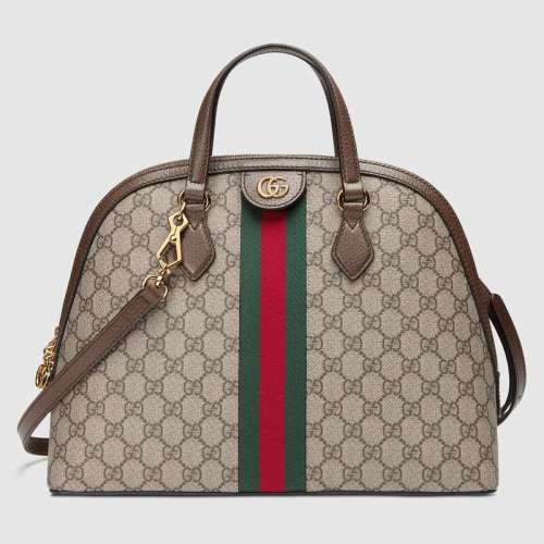 Gucci GG Women Ophidia GG Medium Top Handle in Beige/Ebony GG Supreme Canvas