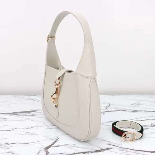 Gucci Women GG Jackie Small Shoulder Bag White Leather Hook Closure