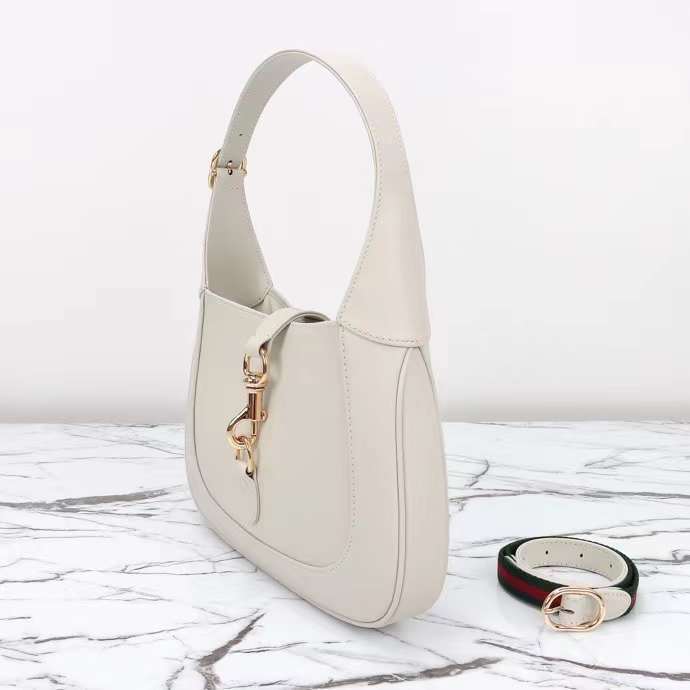 Gucci Women GG Jackie Small Shoulder Bag White Leather Hook Closure
