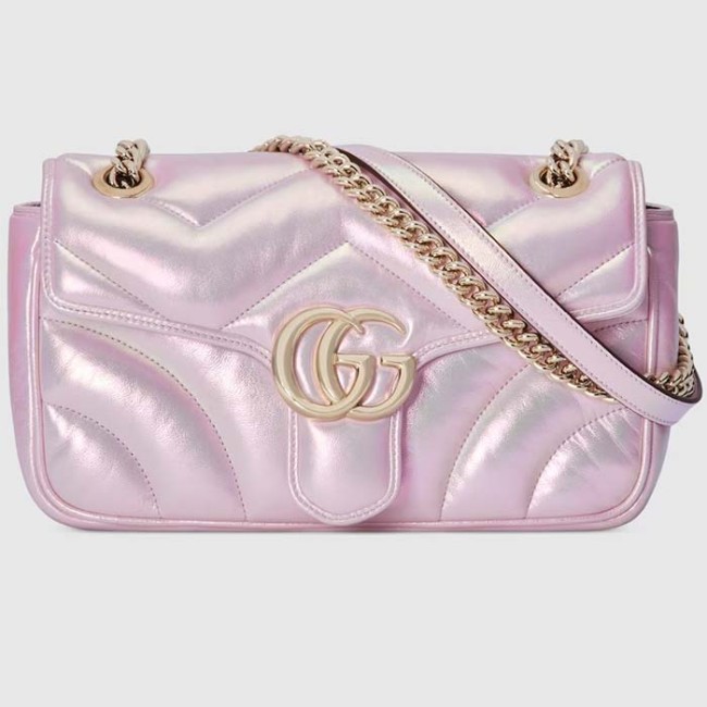 Gucci Women GG Marmont Small Shoulder Bag Pink Quilted Chevron Leather