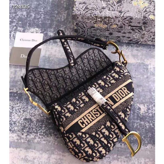 Dior Women Saddle Bag Blue Dior Oblique Embroidery 'CD' Structure