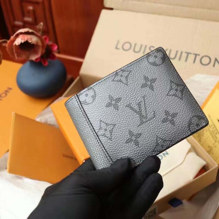 Louis Vuitton LV Unisex Multiple Wallet Gunmetal Gray Monogram Coated Canvas Taiga Cowhide