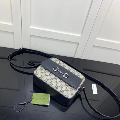 Gucci GG Unisex Horsebit 1955 Small Bag Beige Blue GG Supreme Canvas