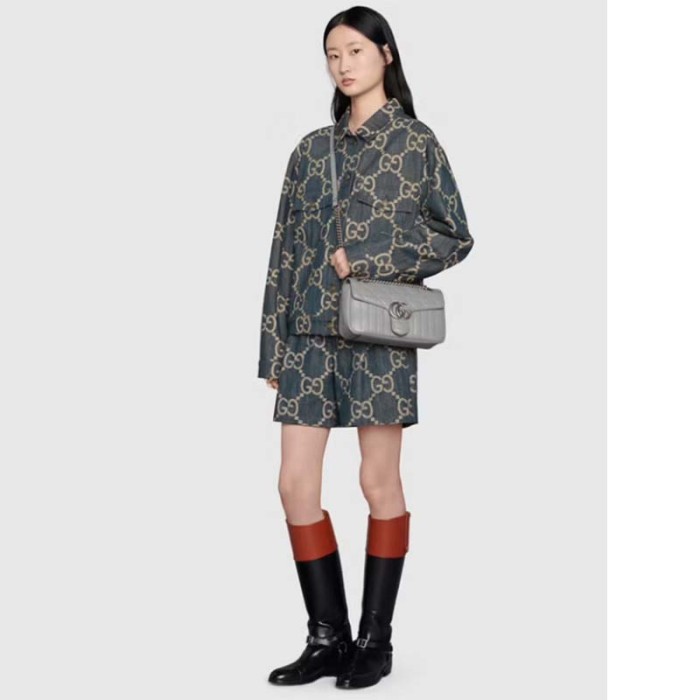 Gucci Women GG Marmont Small Shoulder Bag Grey Matelassé Leather Double G