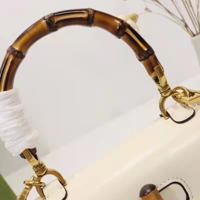 Gucci Women GG Small Top Handle Bag Bamboo White Leather