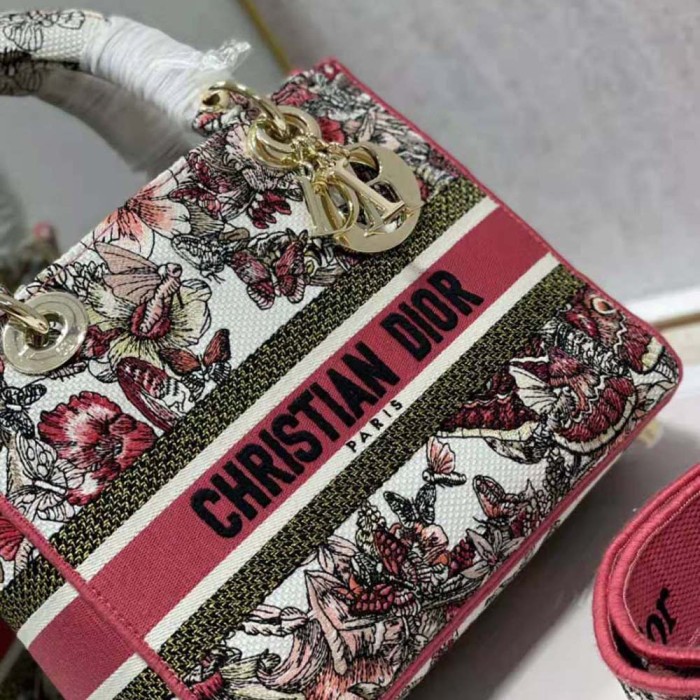 Dior Women Medium Lady D-lite Bag Multicolor Butterfly Embroidery