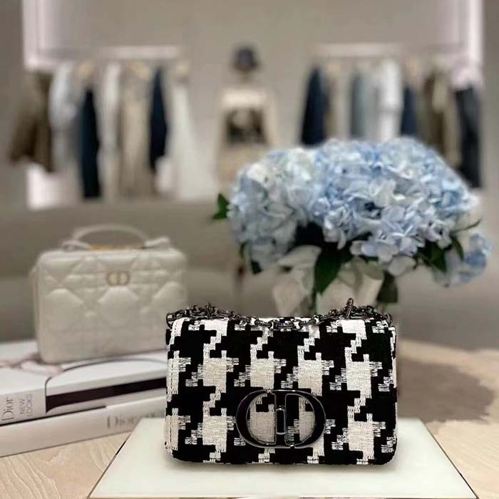 Dior Women Small Dior Caro Bag Black White Macro Houndstooth Fabric