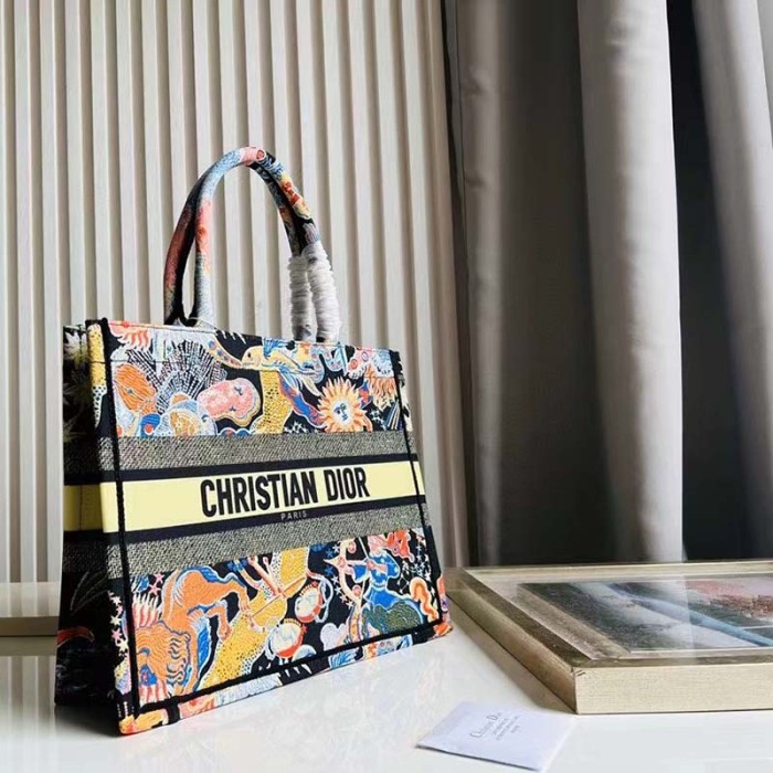 Dior Unisex CD Medium Book Tote Black Multicolor Dior Zodiac Fantastico Embroidery