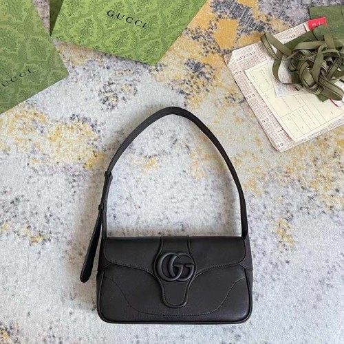 Gucci Women GG Aphrodite Shoulder Bag Black Soft Leather Magnetic Closure Double G