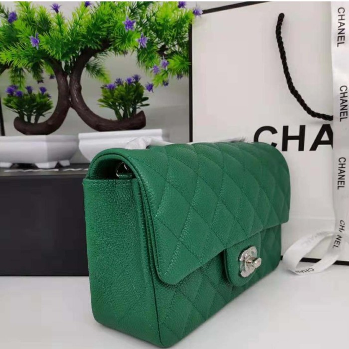 Chanel Women Classic Handbag in Lambskin Leather-Green