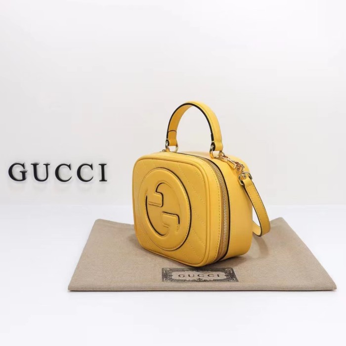 Gucci Women GG Blondie Top Handle Bag Yellow Leather Round Interlocking G