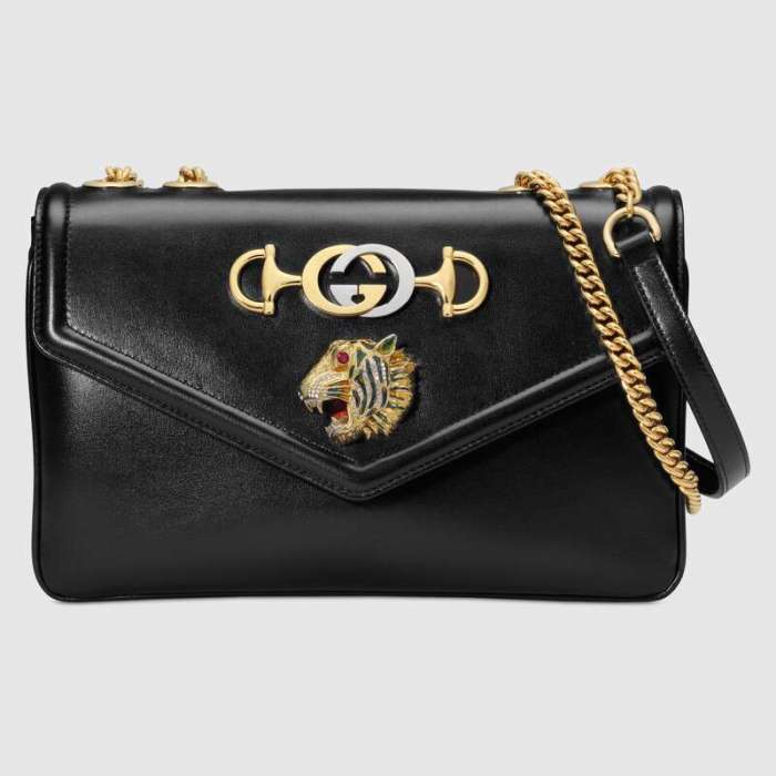 Gucci GG Women Rajah Medium Shoulder Bag in Leather with Tiger Head