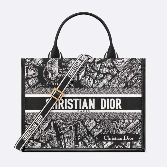 Dior Women Medium Dior Book Tote Black and White Plan de Paris Embroidery with Black Calfskin
