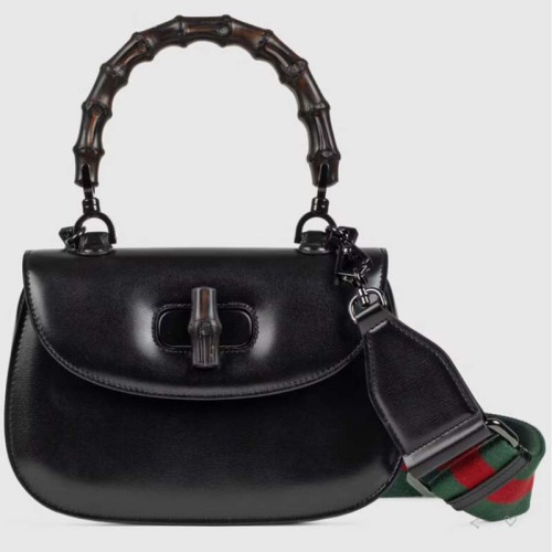 Gucci GG Women Small Top Handle Bag with Bamboo Black Leather