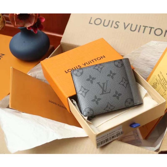 Louis Vuitton LV Unisex Multiple Wallet Gunmetal Gray Monogram Coated Canvas Taiga Cowhide