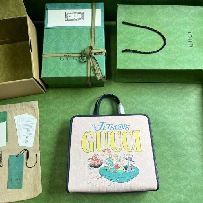 Gucci Unisex Printed Tote Bag Light Pink Double G Stars Supreme Canvas Nylon Lining