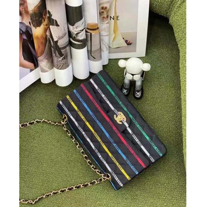 Chanel Women CC Classic Handbag Cotton Gold-Tone Metal Black Multicolor