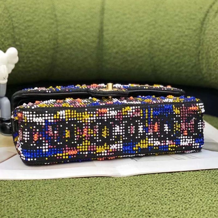 Chanel Women CC Classic Handbag Embroidered Tweed Glass Beads Strass Metal Black Multicolor