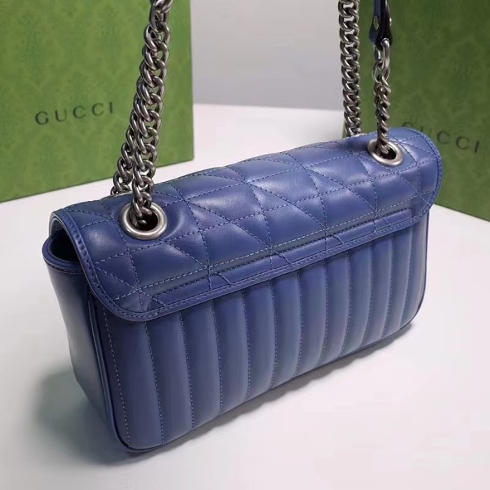 Gucci Women GG Marmont Small Shoulder Bag Blue Matelassé Leather Double G