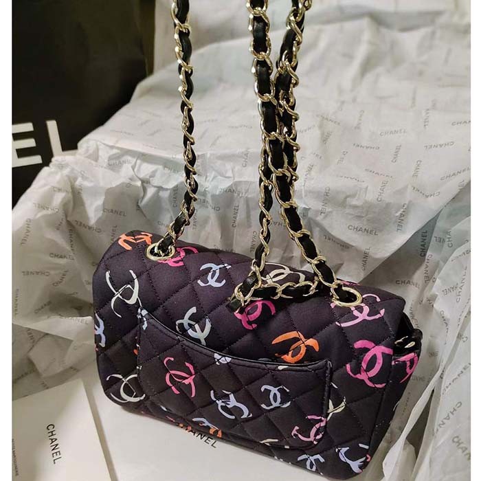 Chanel CC Women Classic 11.12 Handbag Printed Fabric Black Multicolor