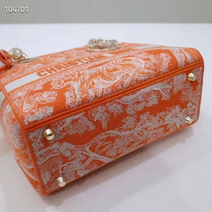 Dior Women Medium Lady D-Lite Bag Fluorescent Orange Toile De Jouy Reverse Embroidery