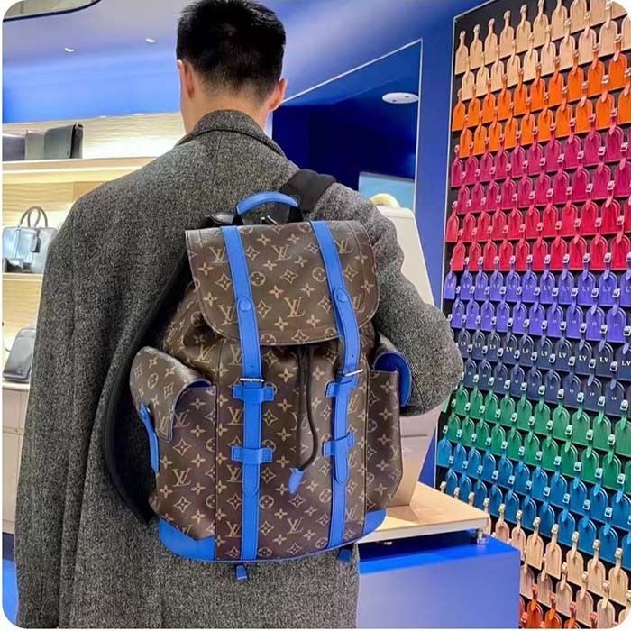 Louis Vuitton LV Unisex Christopher MM Backpack Blue Monogram Macassar Coated Canvas Cowhide Leather