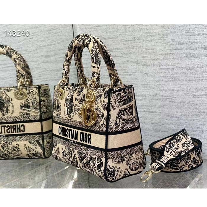 Dior Women CD Medium Lady D-Lite Bag Beige Black Plan De Paris Embroidery